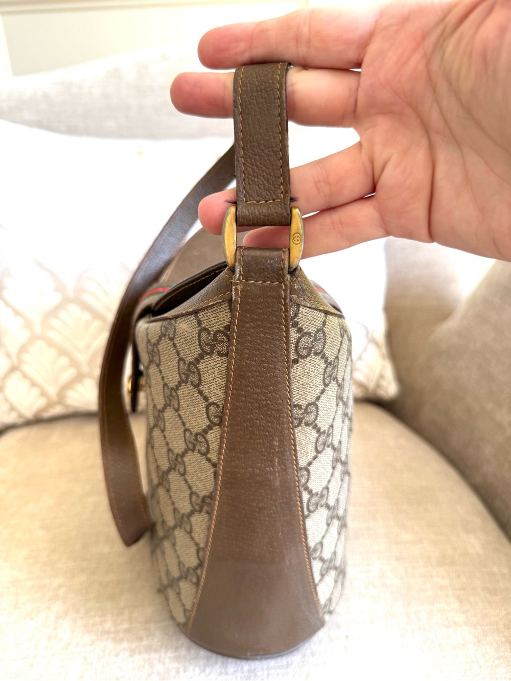 Gucci authentic brown monogram coated canvas shoulder bag bucket brown leather - Picture 6 of 16